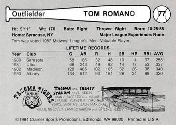 1984 Cramer Tacoma Tigers #77 Tom Romano Back