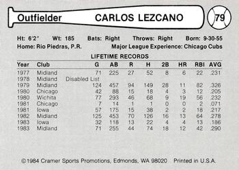 1984 Cramer Tacoma Tigers #79 Carlos Lezcano Back