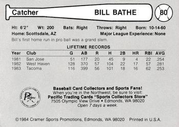 1984 Cramer Tacoma Tigers #80 Bill Bathe Back