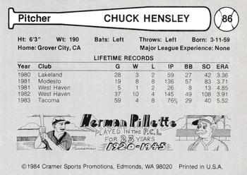 1984 Cramer Tacoma Tigers #86 Chuck Hensley Back