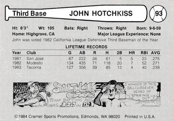 1984 Cramer Tacoma Tigers #93 John Hotchkiss Back