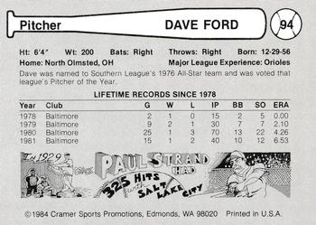 1984 Cramer Tacoma Tigers #94 Dave Ford Back