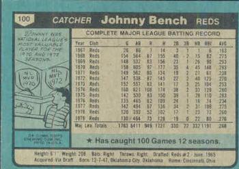1980 Topps #100 Johnny Bench Back