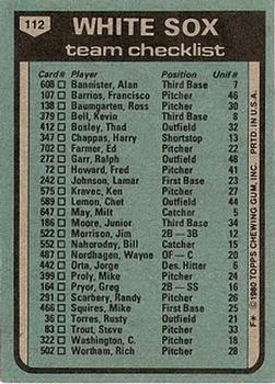 1980 Topps #112 Chicago White Sox / Tony LaRussa Back