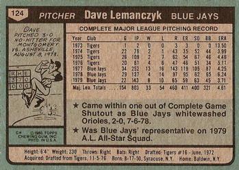 1980 Topps #124 Dave Lemanczyk Back