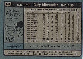 1980 Topps #141 Gary Alexander Back