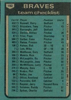 1980 Topps #192 Atlanta Braves / Bobby Cox Back