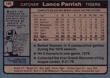 1980 Topps #196 Lance Parrish Back