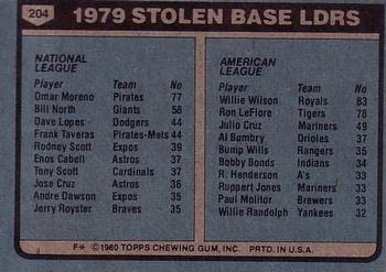 1980 Topps #204 1979 Stolen Base Leaders (Omar Moreno / Willie Wilson) Back