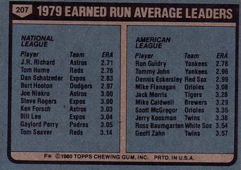 1980 Topps #207 1979 Earned Run Average Leaders (J.R. Richard / Ron Guidry) Back