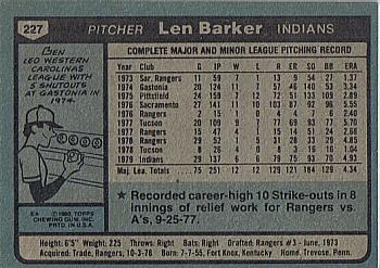 1980 Topps #227 Len Barker Back
