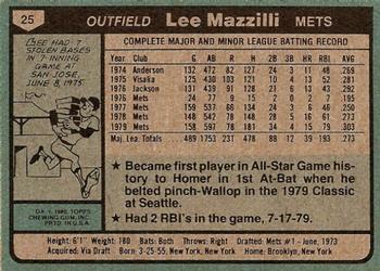 1980 Topps #25 Lee Mazzilli Back