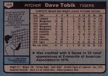 1980 Topps #269 Dave Tobik Back