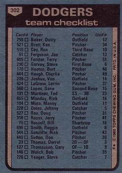 1980 Topps #302 Los Angeles Dodgers / Tom Lasorda Back