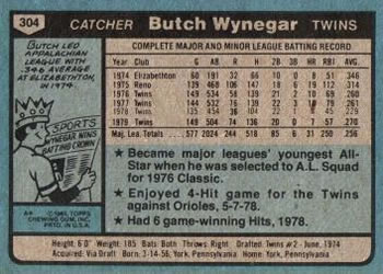 1980 Topps #304 Butch Wynegar Back