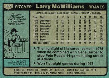 1980 Topps #309 Larry McWilliams Back