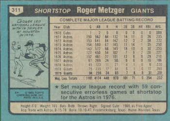 1980 Topps #311 Roger Metzger Back