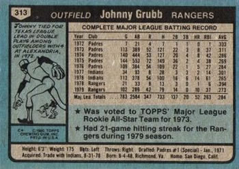 1980 Topps #313 Johnny Grubb Back