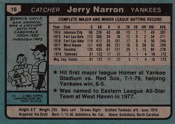 1980 Topps #16 Jerry Narron Back