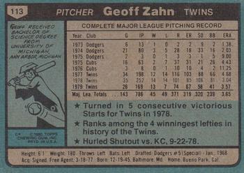 1980 Topps #113 Geoff Zahn Back