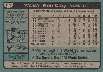1980 Topps #159 Ken Clay Back