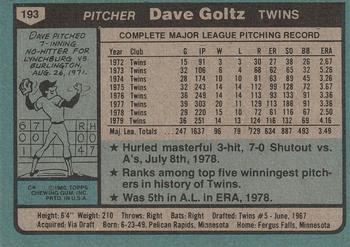 1980 Topps #193 Dave Goltz Back