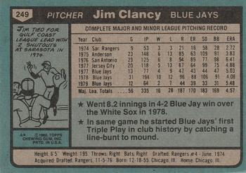 1980 Topps #249 Jim Clancy Back