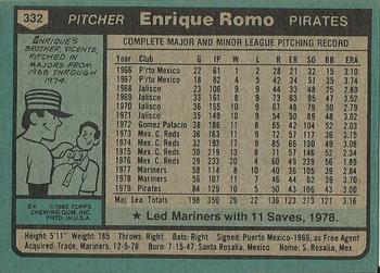 1980 Topps #332 Enrique Romo Back
