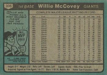 1980 Topps #335 Willie McCovey Back
