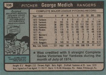 1980 Topps #336 George Medich Back