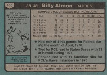 1980 Topps #436 Billy Almon Back