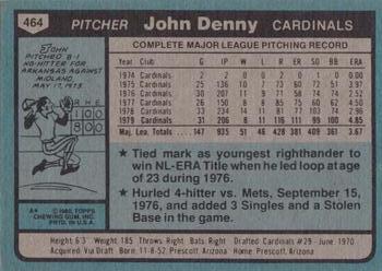 1980 Topps #464 John Denny Back