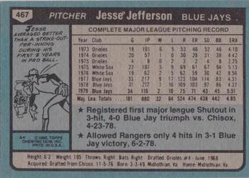 1980 Topps #467 Jesse Jefferson Back