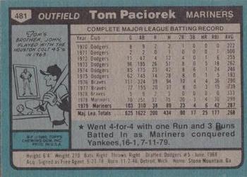 1980 Topps #481 Tom Paciorek Back