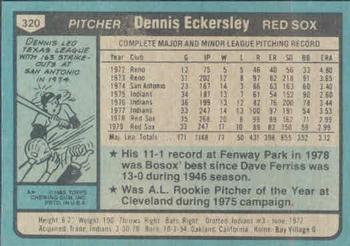1980 Topps #320 Dennis Eckersley Back