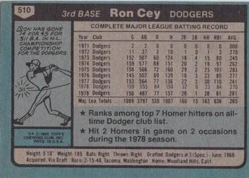 1980 Topps #510 Ron Cey Back