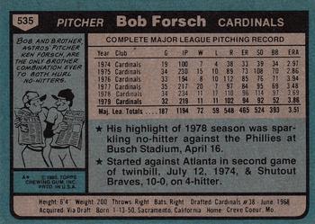 1980 Topps #535 Bob Forsch Back