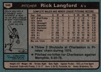 1980 Topps #546 Rick Langford Back