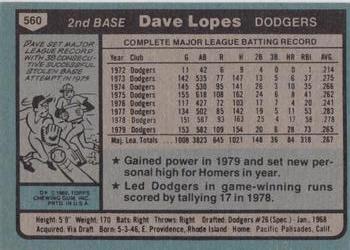 1980 Topps #560 Dave Lopes Back