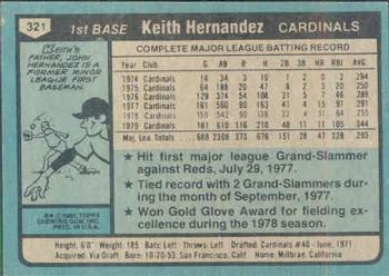 1980 Topps #321 Keith Hernandez Back