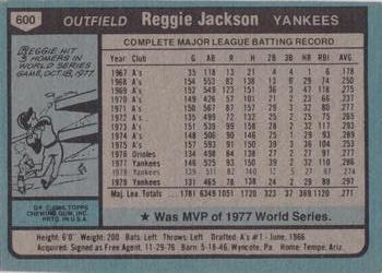 1980 Topps #600 Reggie Jackson Back