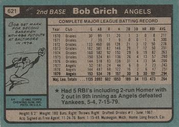 1980 Topps #621 Bob Grich Back