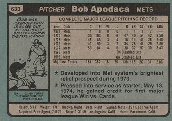 1980 Topps #633 Bob Apodaca Back