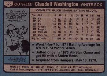 1980 Topps #322 Claudell Washington Back