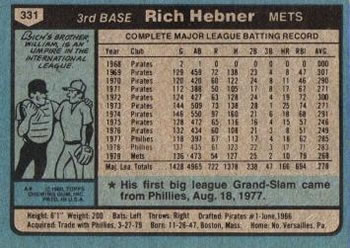 1980 Topps #331 Rich Hebner Back