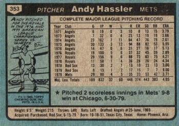 1980 Topps #353 Andy Hassler Back