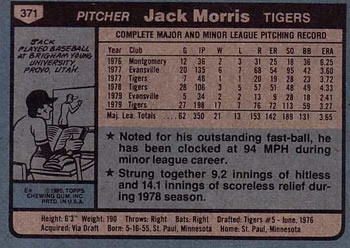 1980 Topps #371 Jack Morris Back