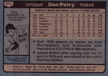 1980 Topps #373 Dan Petry Back