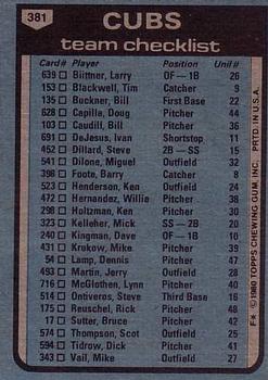 1980 Topps #381 Chicago Cubs / Preston Gomez Back