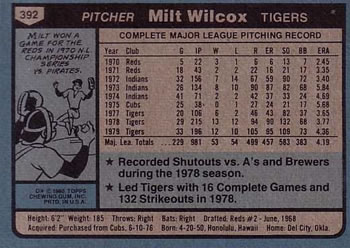 1980 Topps #392 Milt Wilcox Back